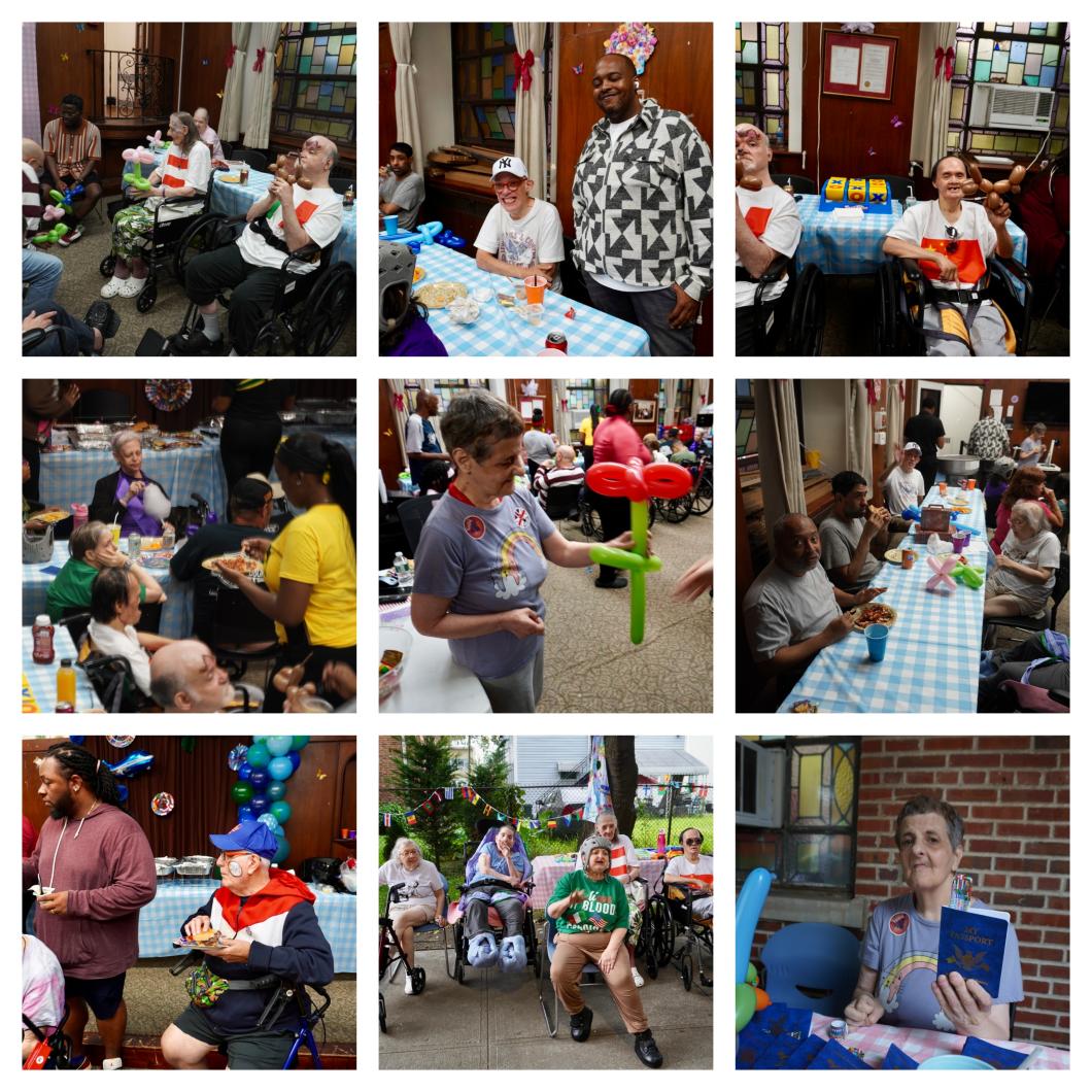 Collage of multiple party scenes with people gathered around a blue checkered table, birthday balloons and gifts, and a red balloon figure, outdoors and indoors; one man in patterned shirt holds a cake.